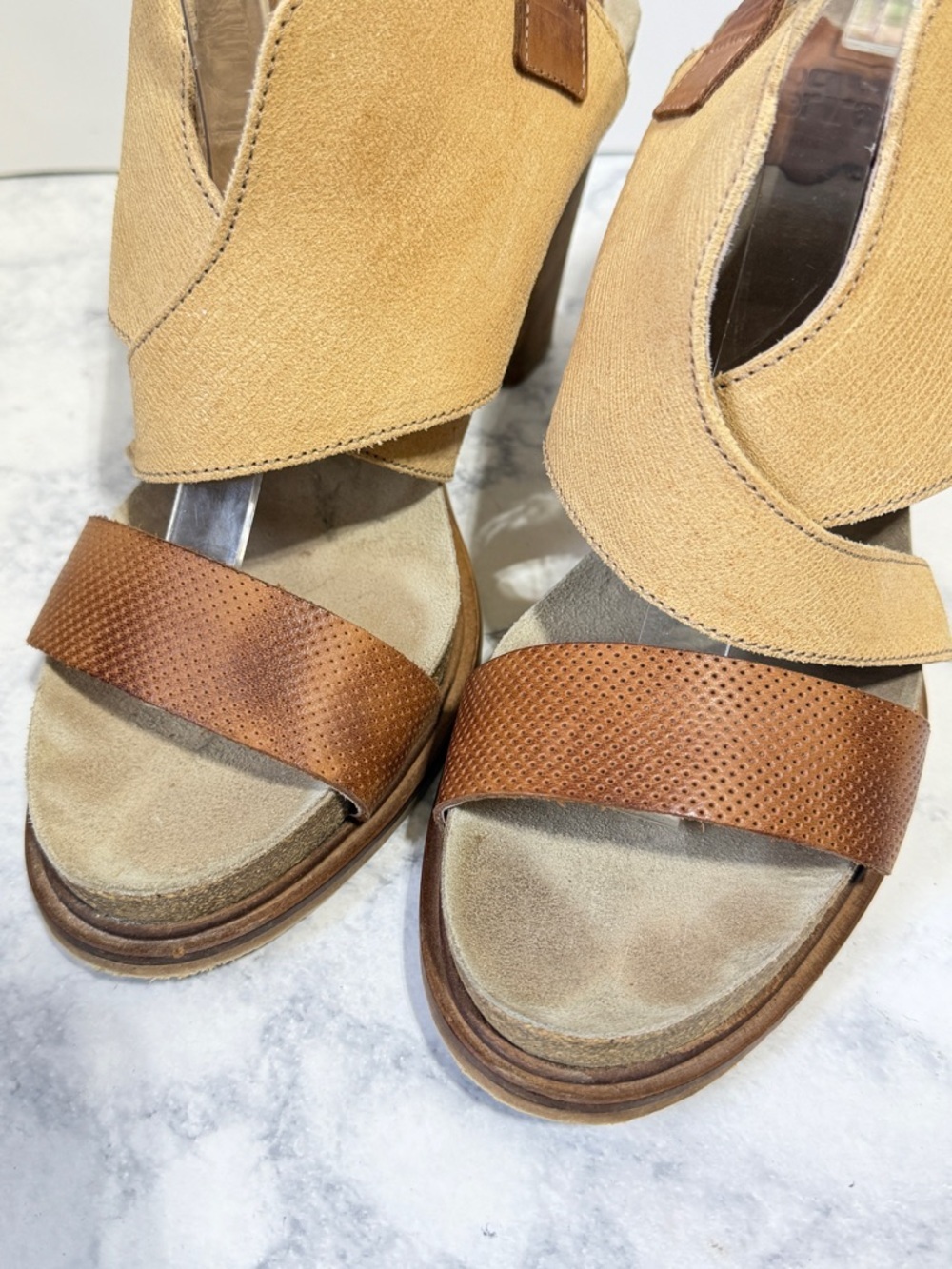 Anthropologie Coque Terra Women's Sanne Leather tan brown block Heels Size 9 - Picture 6 of 10